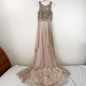 Champagne Prom Dress Formal Ball Gown Beaded Jewel Embellishments With Train